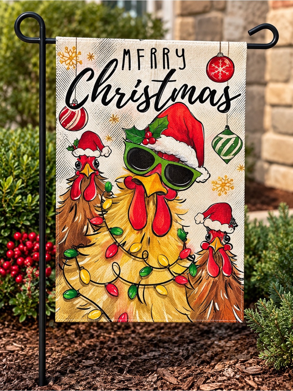 Merry Christmas Chickens with Christmas Lights Garden Flag - NWT